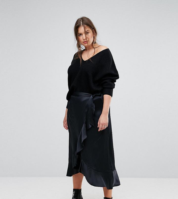 Simply Be Satin Wrap Frill Maxi Skirt - Navy