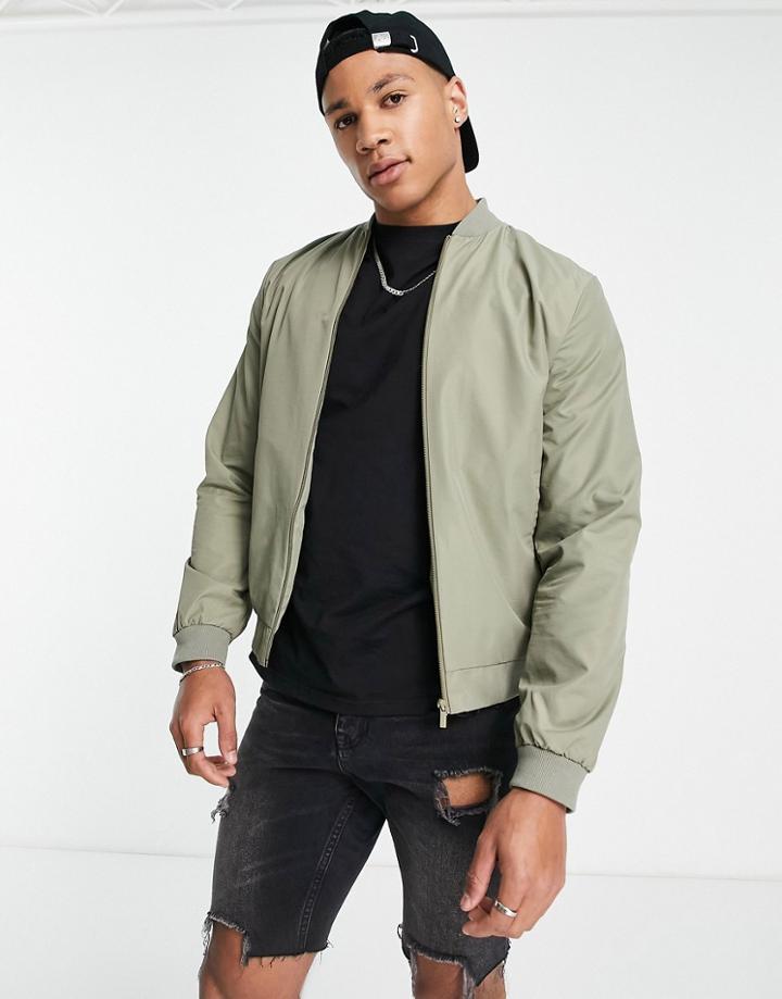 Asos Design Lightweight Bomber Jacket In Khaki-green