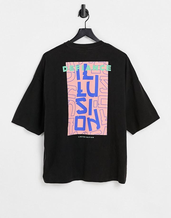 Asos Design Oversized T-shirt In Heavyweight Black Organic Cotton With Acid Wash & Print