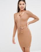 Michelle Keegan Loves Lipsy Button Up Sweater Dress With Neck Tie - Brown