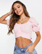 River Island Gingham Puff Sleeved Tie Back Crop Top In Pink