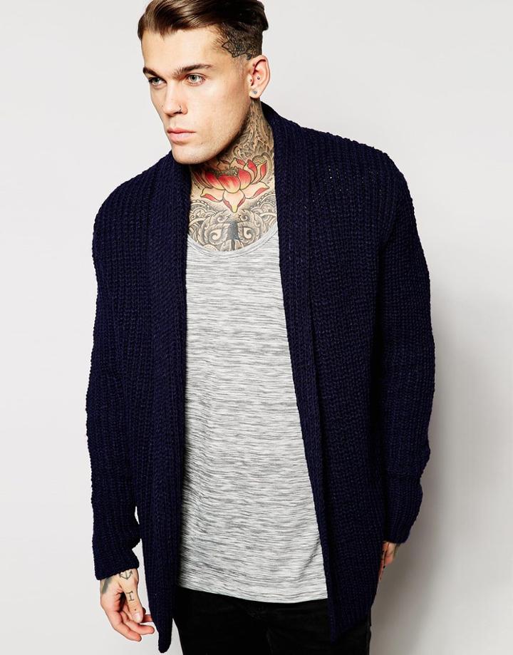 Asos Cardigan In Chunky Rib - Navy