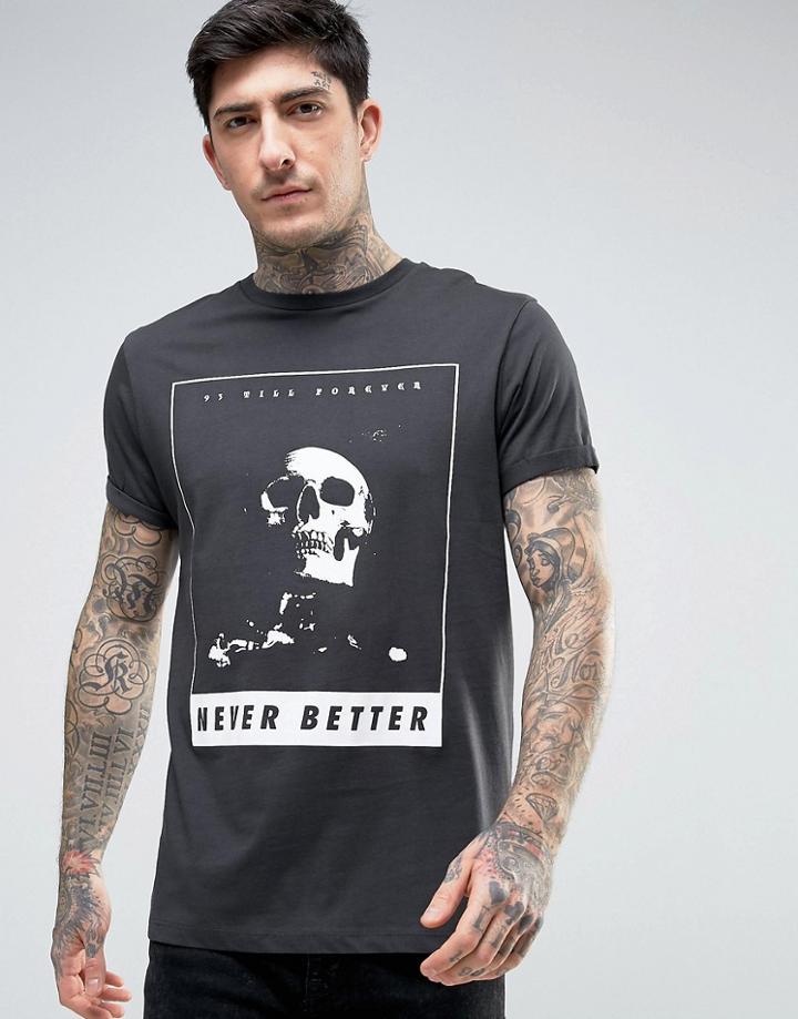 Asos Relaxed T-shirt With Skull Print And Rolled Sleeve - Black