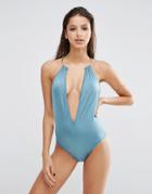 Asos Gold Necklace Trim Plunge Swimsuit - Frost Blue