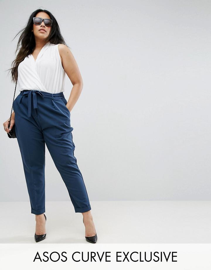 Asos Curve Woven Peg Pants With Obi Tie - Navy