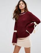 Wild Flower High Neck Sweater With Tie Sleeve Detail - Red