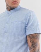 Blend Short Sleeve Grandad Collar Stripe Shirt In Light Blue - Blue