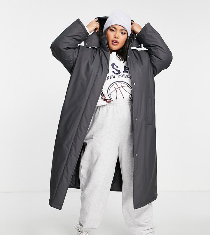 Asos Design Curve Rubberized Padded Rain Coat In Charcoal-neutral