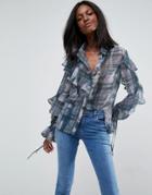 Asos Deconstructed Ruffle Blouse In Watercolor Check - Blue