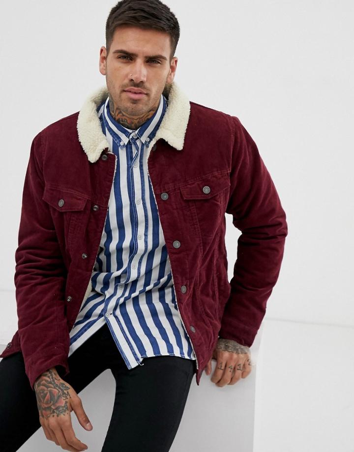 Pull & Bear Fleece Lined Jacket In Burgundy - Red