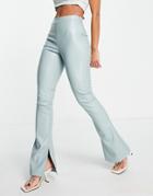 Topshop Faux Leather Flared Pant With Split Hem In Blue