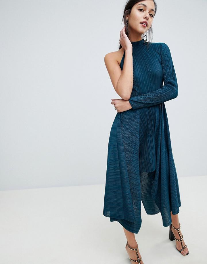Asos Design Asymmetric One Sleeve Plisse Dress - Green