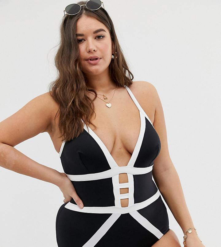 City Chic Bahamas Swimsuit In Monochrome - Black
