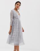 Asos Design Long Sleeve Lace Midi Prom Dress-gray