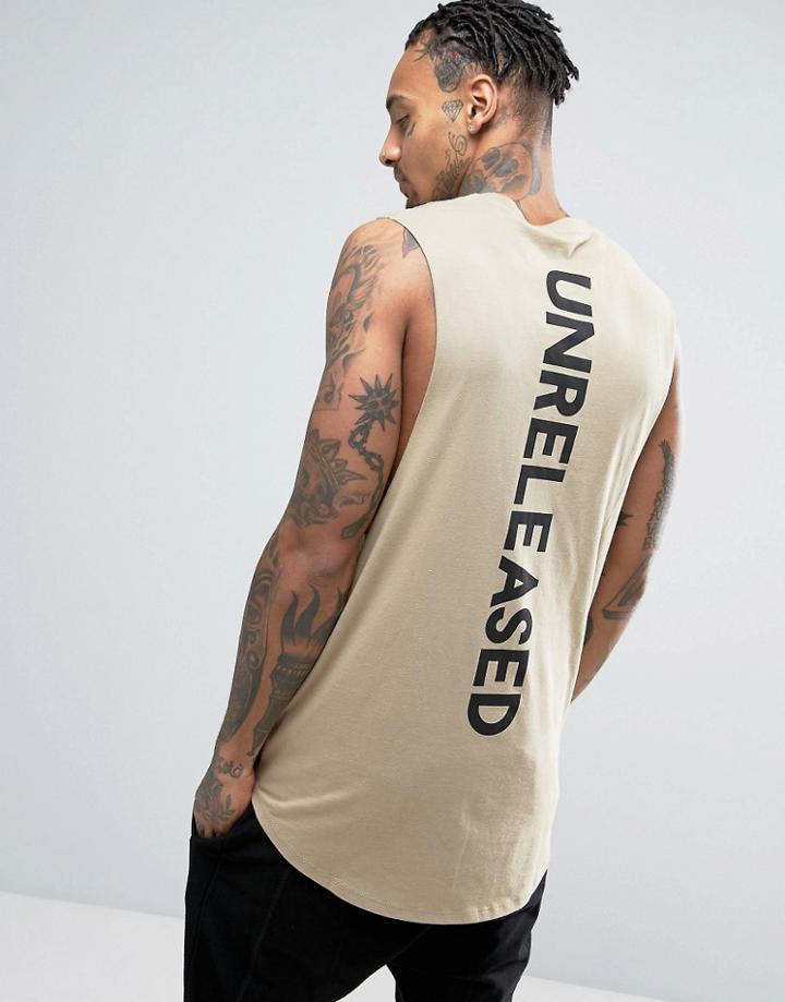 Asos Super Longline Sleeveless T-shirt With Back Print And Curved Hem - Beige