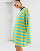 The Ragged Priest Knitted Striped Sweater Dress - Green