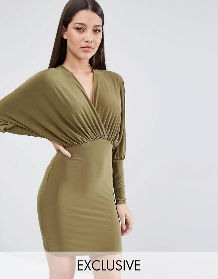 Club L Longsleeved Mini Dress With Plunge Front - Olive Green