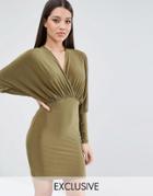 Club L Longsleeved Mini Dress With Plunge Front - Olive Green