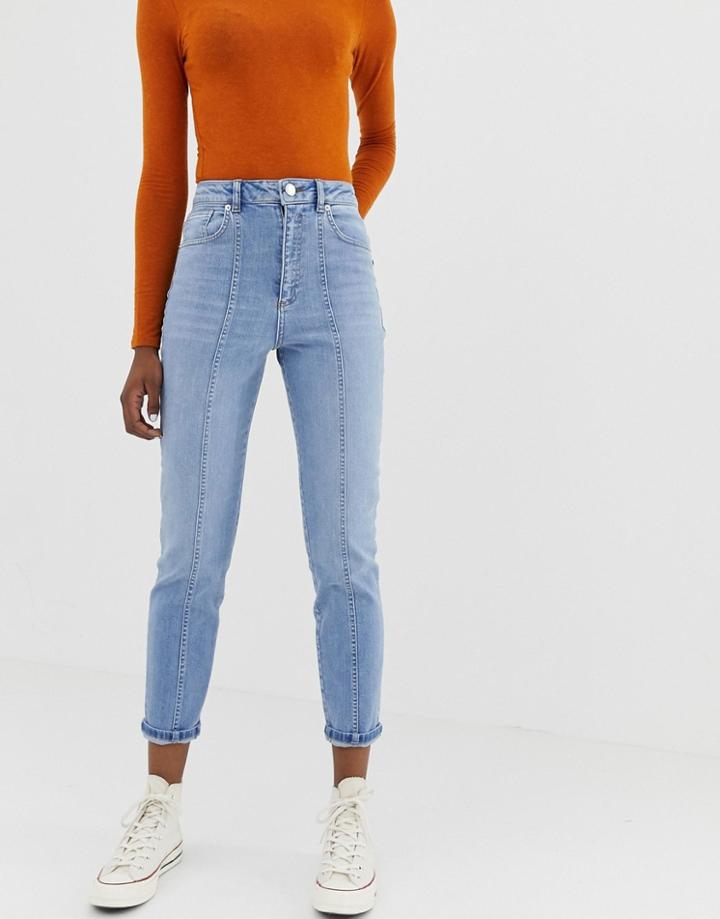 Asos Design High Rise Farleigh 'slim' Mom Jeans In Mid Wash With Vertical Seam Detail-blues