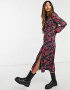 Nobody's Child Midi Tea Dress With Shirred Cuffs And Thigh Split In Retro Floral-pink