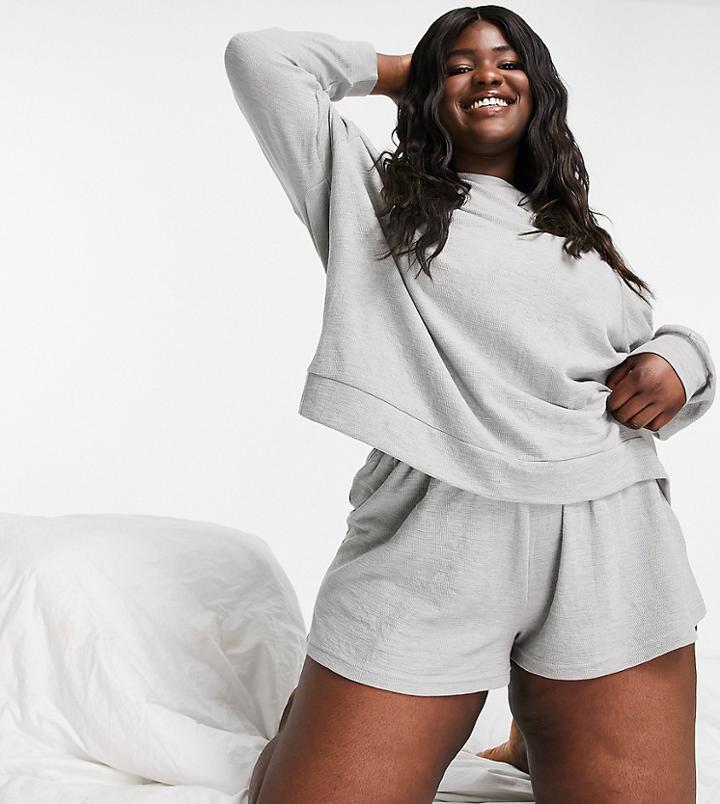 Asos Design Curve Lounge Lightweight Slubby Sweat & Short Set In Gray