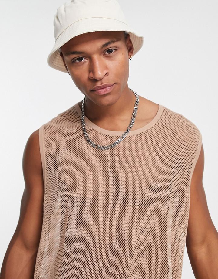 Asos Design Knitted Mesh Tank Top In Beige-neutral