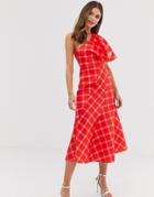 Asos Design One Shoulder Seamed Checked Midi Dress - Red
