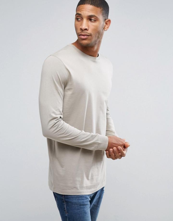 Asos Longline Long Sleeve T-shirt With Crew Neck - Beige
