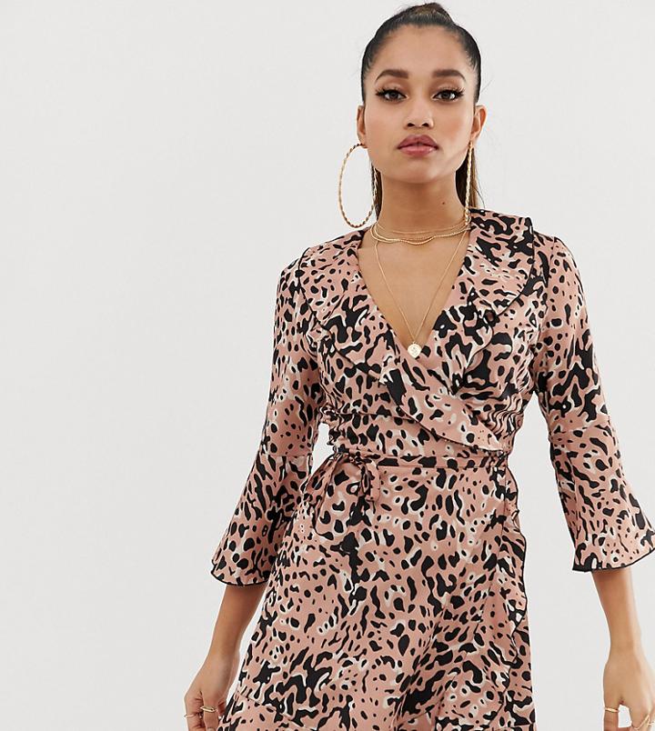 Outrageous Fortune Petite Ruffle Wrap Mini Dress With Fluted Sleeve In Splodge Print - Multi