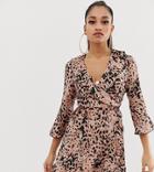 Outrageous Fortune Petite Ruffle Wrap Mini Dress With Fluted Sleeve In Splodge Print - Multi