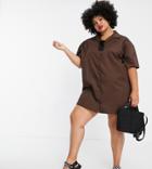 Lola May Plus Short Sleeve Mini Shirt Dress In Chocolate Brown