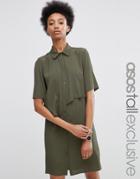 Asos Tall Shirt Dress With Asymmetric Ruffle - Khaki