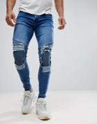 Ascend Denim Super Skinny Muscle Fit Jeans In Extreme Rip With Zips - Blue