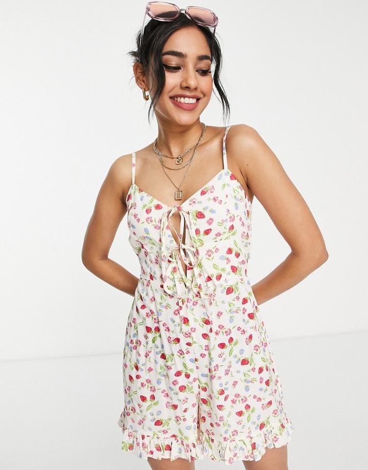 Miss Selfridge Petite Tie Front Romper In Fruit Ditsy Print-white