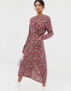 Ghospell Midi Dress With Tie Waist In Vintage Floral-pink