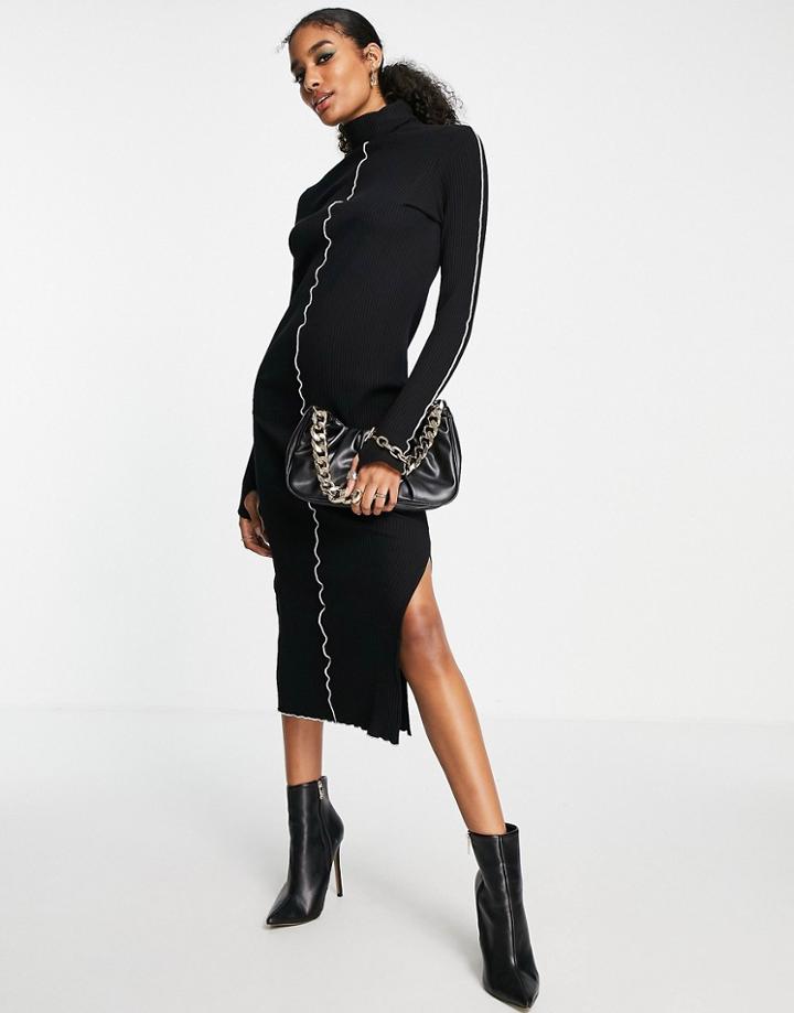 Asos Design Ribbed Long Sleeve Maxi Dress With Contrast Seams In Black
