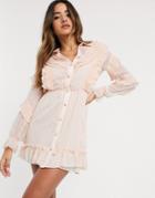 River Island Mini Shirt Dress With Ruffle Front In Nude-neutral