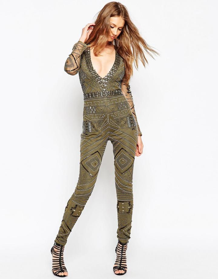 Asos Premium All Over Embellished Unitard - Khaki