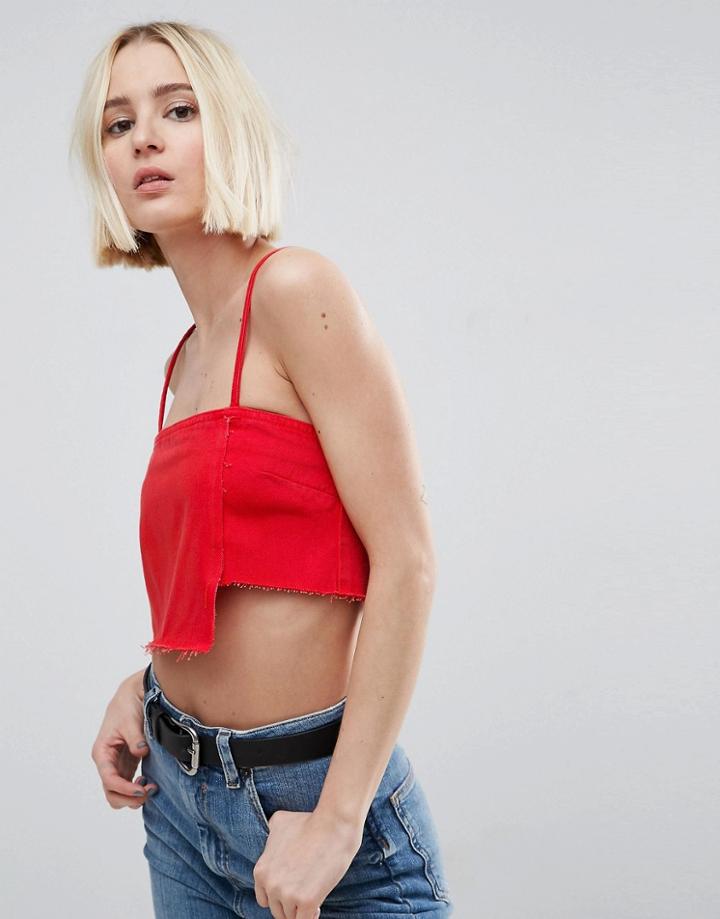 Asos Denim Crop Top In Red With Raw Hem - Red
