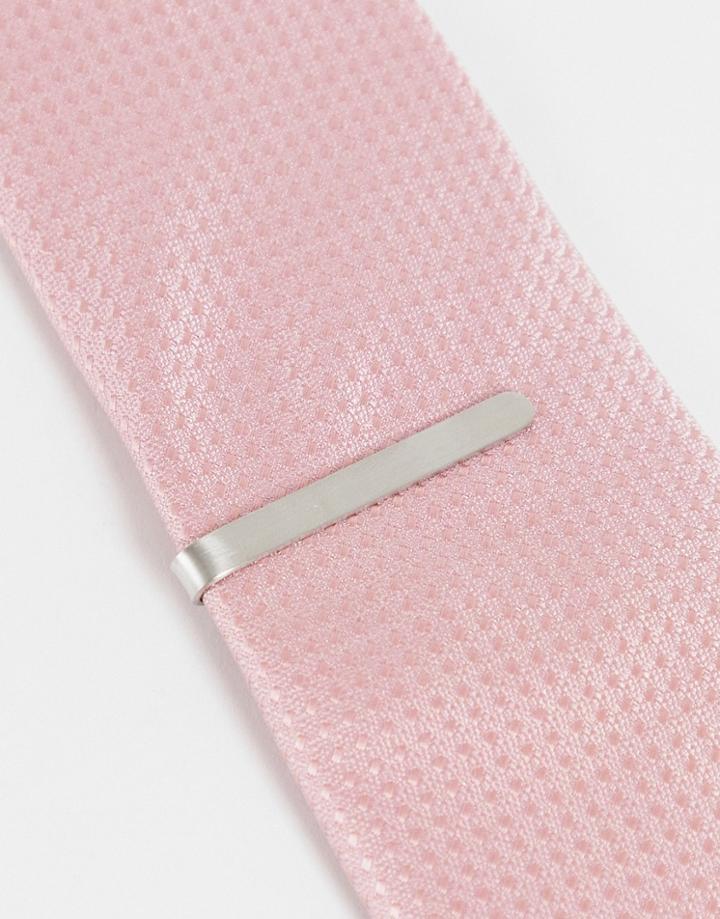 Asos Design Wedding Stainless Steel Slim Brushed Tie Bar In Silver Tone