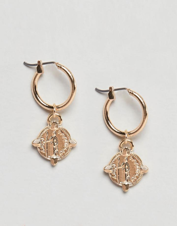 Asos Design Hoop Earrings With Coin In Gold - Gold