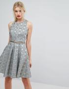 Closet London Premium Jacquard Circle Skater Dress With Belt - Gold