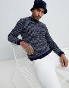 Asos Design Knitted Sweater With Textured Pattern In Navy - Navy