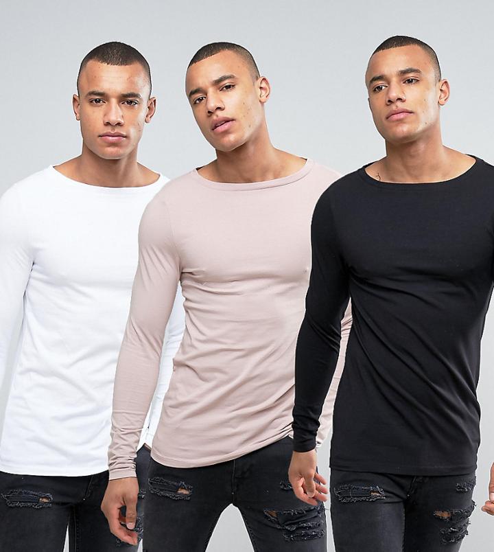 Asos 3 Pack Long Sleeve Extreme Muscle Fit T-shirt In White/black/pink With Boat Neck Save - Multi