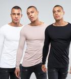 Asos 3 Pack Long Sleeve Extreme Muscle Fit T-shirt In White/black/pink With Boat Neck Save - Multi