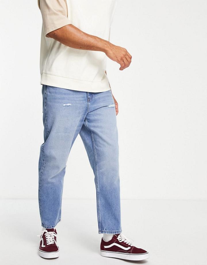 Asos Design Cotton Blend Relaxed Tapered Jeans In Vintage Mid Wash - Mblue-blues