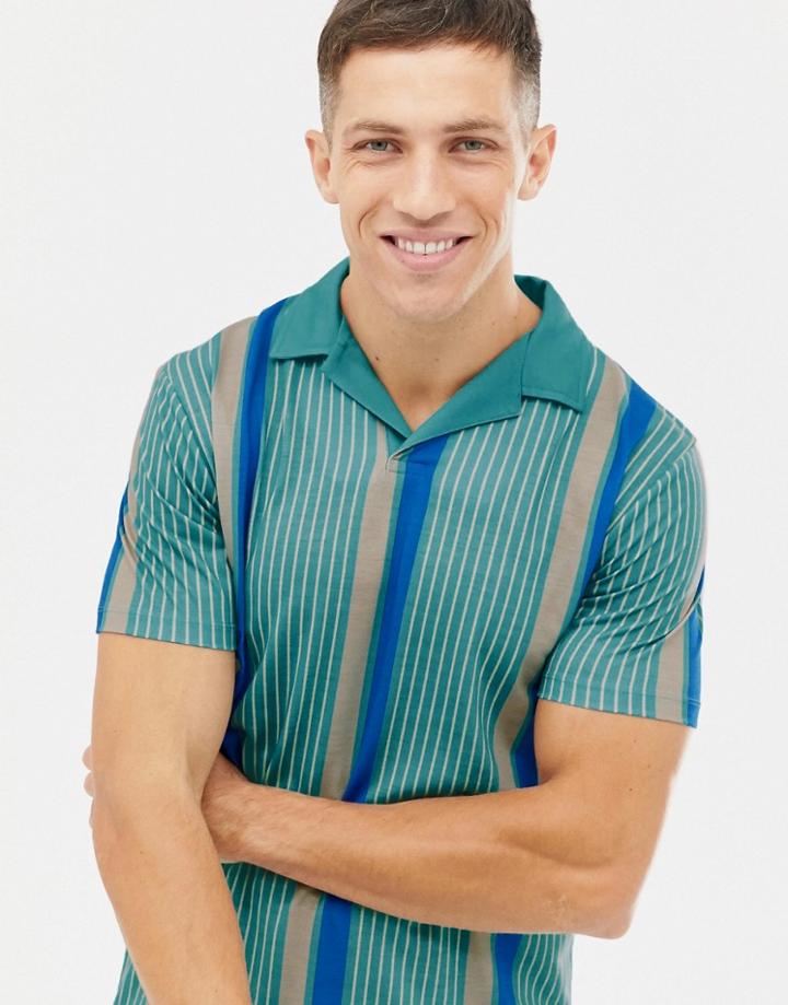 Asos Design Relaxed Longline Revere Polo With Vertical Stripe - Green