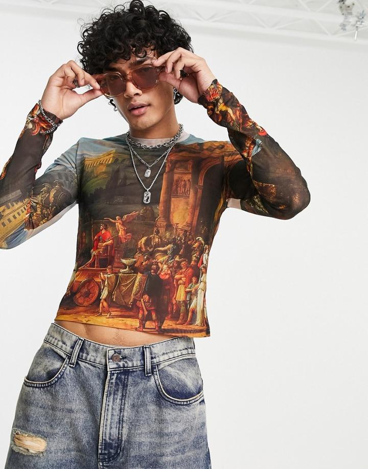 Asos Design Muscle Long Sleeve T-shirt In Scenic Printed Mesh In Recycled Polyester-brown