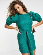 Topshop Textured Sleeve Detail Mini Dress In Green