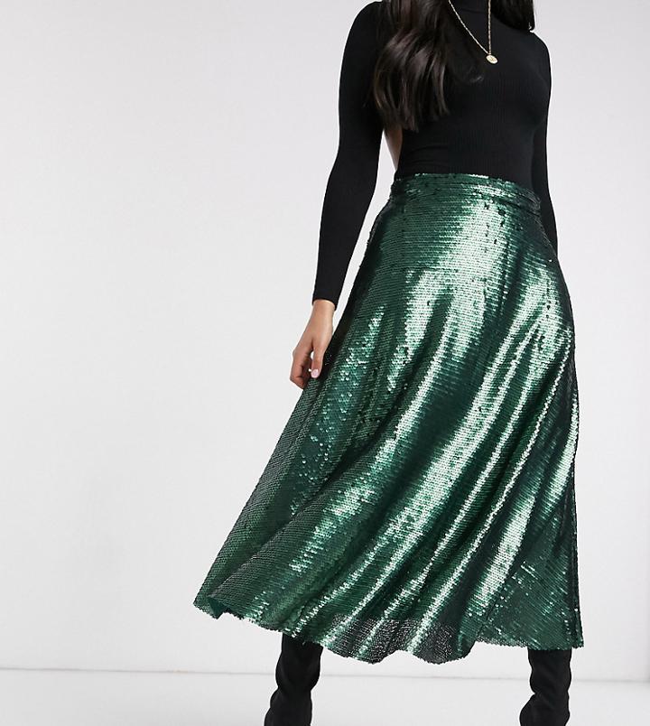 Native Youth A Line Midi Skirt In Green Sequin